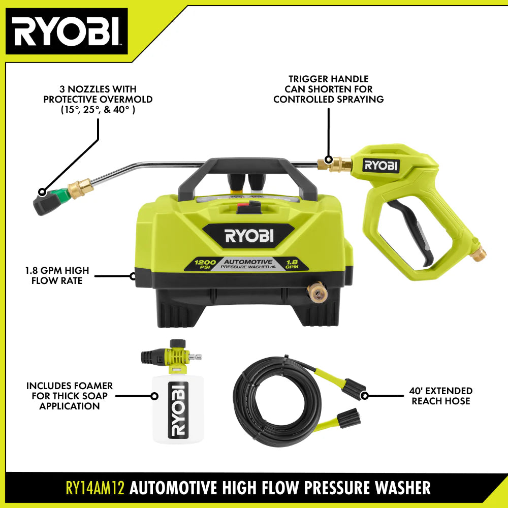 RYOBI 1,200 PSI 1.8 GPM Cold Water Automotive High Flow Electric Pressure Washer – RY142300 (Open Box)