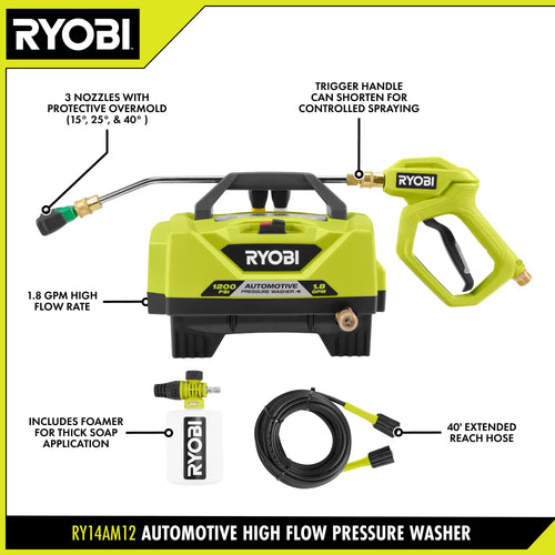 RYOBI 1,200 PSI 1.8 GPM Cold Water Automotive High Flow Electric Pressure Washer – RY142300 (Open Box)