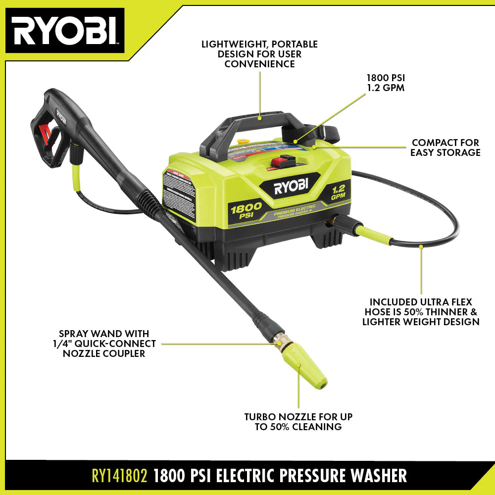 RYOBI 1,800 PSI Electric Pressure Washer – RY141802 (Open Box)